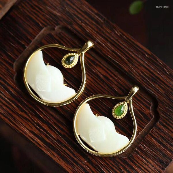 Boucles d'oreilles pendantes en argent pur incrusté d'or Hetian pendentif en jade tempérament rétro collier de haute qualité pour dame ventes directes d'usine