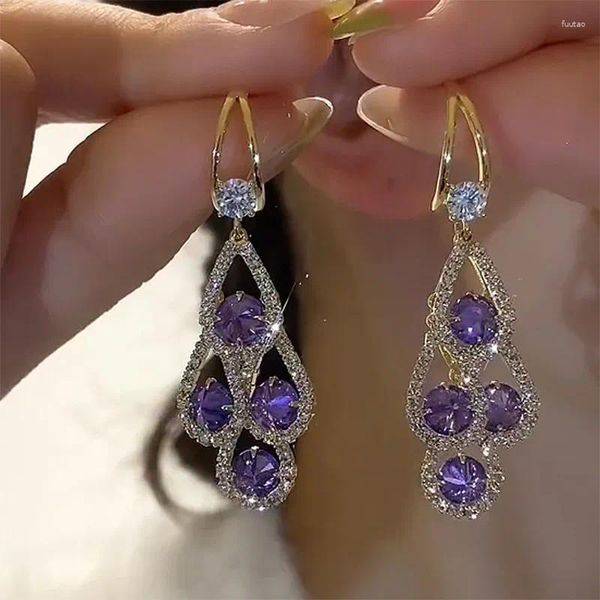 Pendientes colgantes Cristal púrpura Gota de agua Borla larga Diseño de mujer Accesorios de fiesta brillantes Joyería de fiesta Regalos de aniversario de cumpleaños