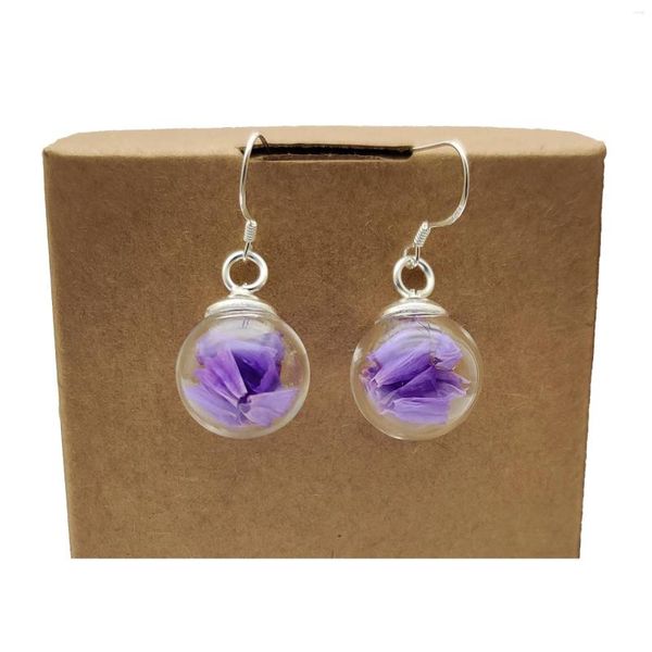 Boucles d'oreilles pendantes violet Forget Me Not Statice vraies fleurs en argent sterling 925 goutte d'aiguille pour les femmes Boho bijoux de mode bohème