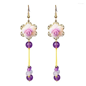 Boucles d'oreilles pendantes en forme de fleur de Jade violet, amulettes en pierre chinoise Vintage, argent 925, bijoux naturels, breloques à la mode pour femmes