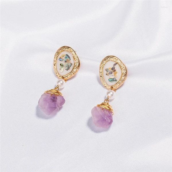 Boucles d'oreilles pendantes violettes semi-précieuses pour femmes, faites à la main, pierre brute naturelle pure, fil d'émail, goutte d'eau