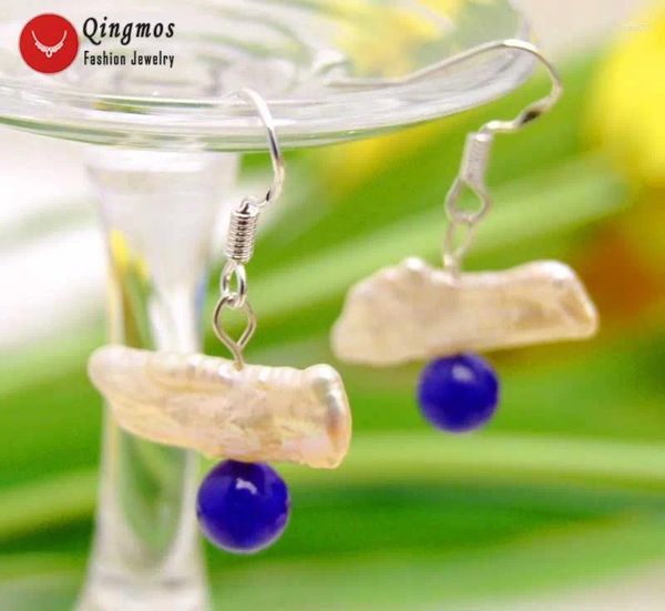 Pendientes colgantes Qingmos 12-15 mm Pinúa de agua dulce de agua dulce Biwa Pearl para mujeres con un arete de gancho de jades azules de 6 mm redondo EA466