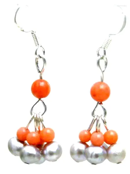 Pendientes colgantes Qingmos moda 5-6mm perla gris Natural redonda para mujeres con pendiente de Coral rosa de 3-5mm joyería de 1,5