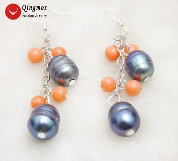 Qingmos – boucles d'oreilles pendantes en perles noires d'eau douce naturelles pour femmes, avec riz de 10 à 11mm et corail rose de 5 à 6mm