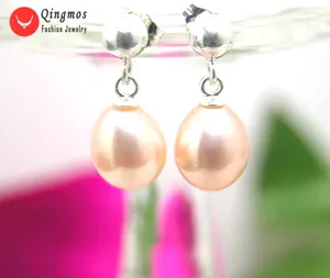 Pendientes colgantes Qingmos perlas naturales para mujeres con gota de 7-8mm pendiente rosa joyería de plata esterlina S925 Stud Ear112