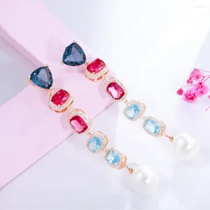 Boucles d'oreilles pendantes QooLady exquise longue lumière bleu clair zircon cubique Style coréen grande perle déclaration boucle d'oreille femmes vêtements de fête de mariage bijoux