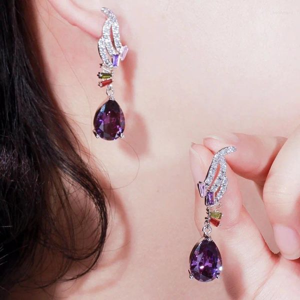 Boucles d'oreilles QooLady magnifique goutte d'eau violette mystique zircon cubique cristal Multi couleur dame longue aile boucle d'oreille femmes CZ bijoux E038