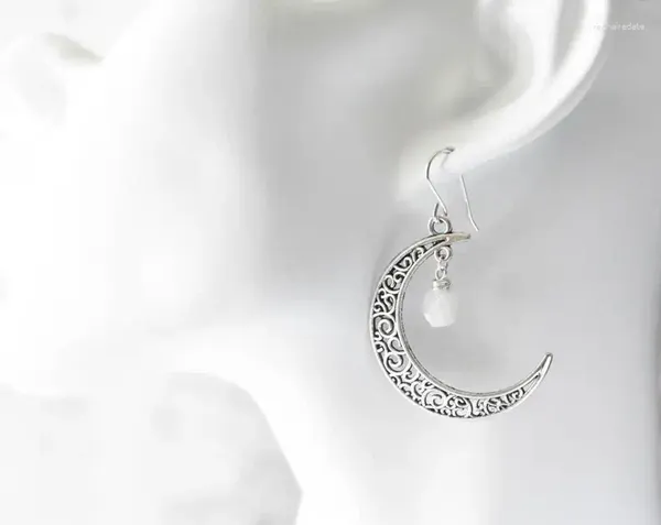 Boucles d’oreilles pendantes Pierre de lune brute Pierre de naissance céleste de juin Grande lune Pierre précieuse blanche Argent sterling ou inoxydable