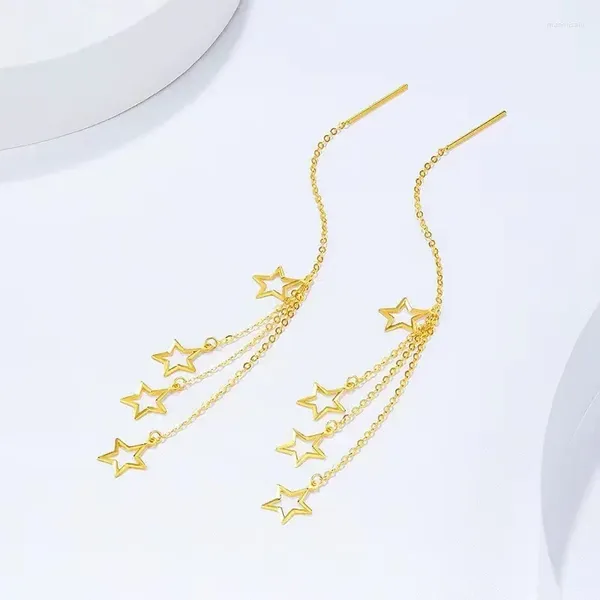Boucles d'oreilles pendantes en or véritable 18 carats, étoile pompon, Earline AU750, cinq pointes, bijoux Boutique pour femmes, cadeau E0044