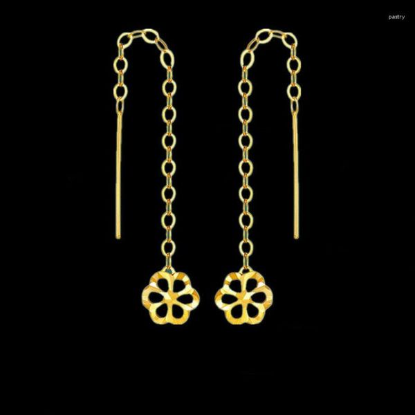 Boucles d'oreilles pendantes en or jaune véritable 18K pour femmes, petit fil d'oreille en prune, lien O fin, bijoux goutte, crochet de luxe Au750