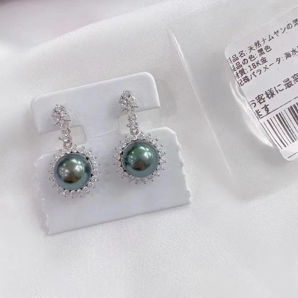 Boucles d'oreilles pendantes en argent 925 véritable pour femmes, perles rondes noires de tahiti, en forme de soleil, à la mode, goutte fine, cadeaux, 9-10mm
