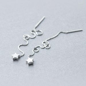 Boucles d'oreilles pendantes réelles. Enfile-fil étoile à tirer en argent Sterling 925, longue oreille percée, pompon, barres métalliques, chaîne de boîte C-E1319