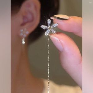 Boucles d'oreilles pendantes véritable 925 en argent Sterling brillant fleur goutte délicate tirer à travers l'enfileur boucle d'oreille pour les femmes bijoux fins