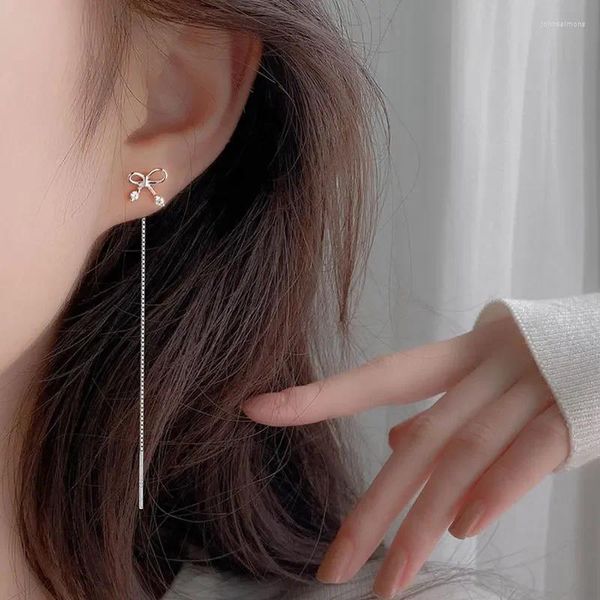 Boucles d'oreilles pendantes en argent sterling 925 véritable, long nœud en zircon, chaîne en os de serpent, goutte pour femmes, bijoux fins, accessoires minimalistes