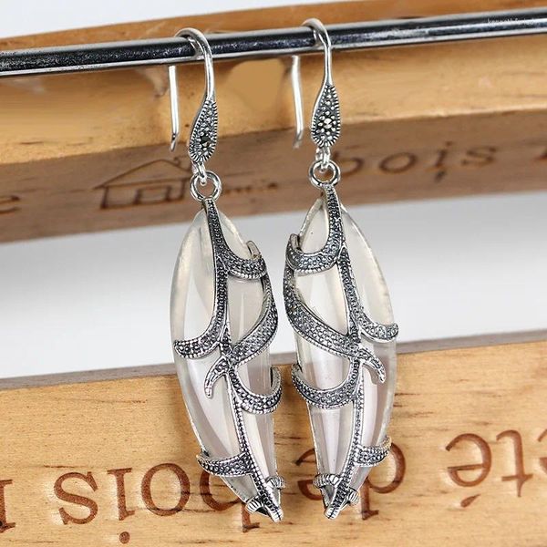 Boucles d'oreilles pendantes en argent Sterling 925 véritable pour femmes, en forme de feuille, Vintage, pierres naturelles, goutte, bijoux thaïlandais rétro