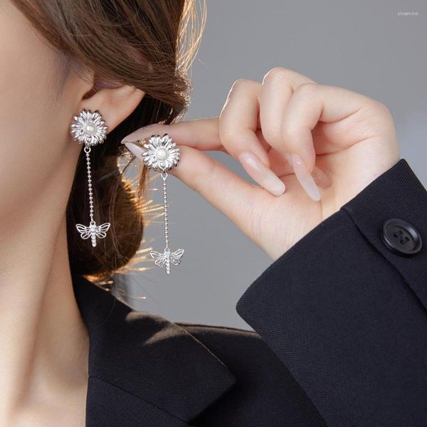 Boucles d'oreilles pendantes en argent Sterling 925 véritable, fleur de marguerite, libellule, goutte de perle élégante, bijoux hypoallergéniques pour femmes