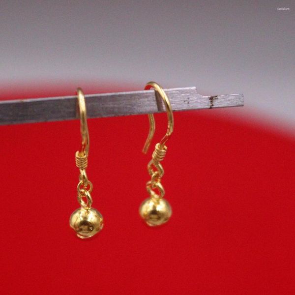 Boucles d'oreilles pendantes en or jaune 999 pur 24 carats pour femmes, crochet boule poli, longueur 2.3cm