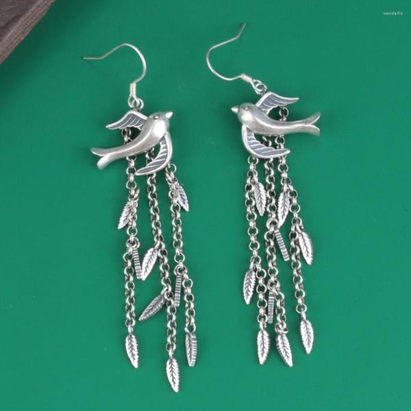 Boucles d'oreilles pendantes Real Pure S925 Sterling Silver Women Swallow Bird Tassel Leaf 10g