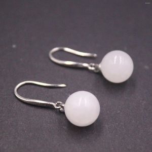 Pendientes colgantes Plata de Ley 925 auténtica, Jade blanco Natural, cuentas lisas simples de la suerte para mujer