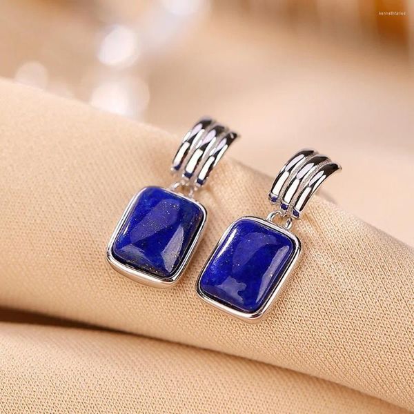 Pendientes colgantes Real Solid 925 Sterling Silver Stud Natural Lapis Lazuli Geometry Square