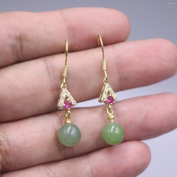 Pendientes colgantes Plata de Ley 925 auténtica para mujer, cuentas de jaspe de Jade Natural, triángulo de rubí