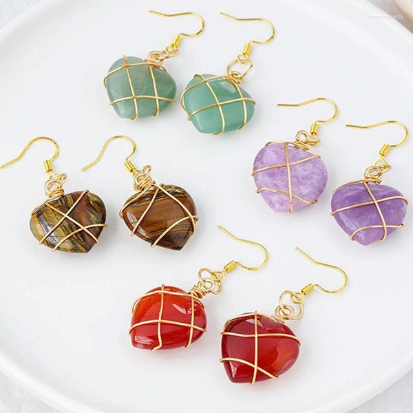 Boucles d'oreilles Reiki en pierre naturelle, pendentif en forme de cœur enveloppé de fil de goutte, Agates rouges, Quartz rose, cristal violet, bijoux pour femmes