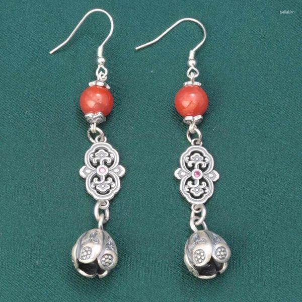 Boucles d'oreilles en peluche rétro 925 Agate rouge sud de Sterling Long South pour femmes Bude de style chinois