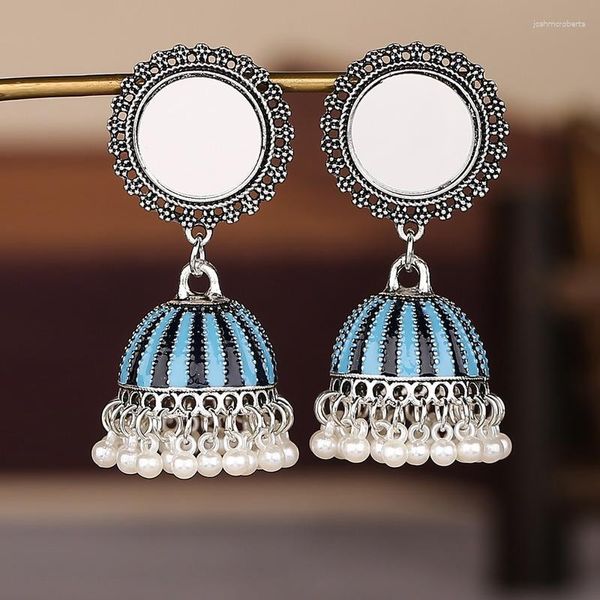 Boucles d'oreilles pendantes rétro Bollywood oxydé cloche gland femmes rond miroir alliage exagéré Jhumka bijoux ethniques