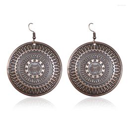 Boucles d'oreilles pendantes rétro Bronze cuivre pièce ronde goutte grande ethnique sculptée Antique gitane pour les femmes Oorbellen Brincos