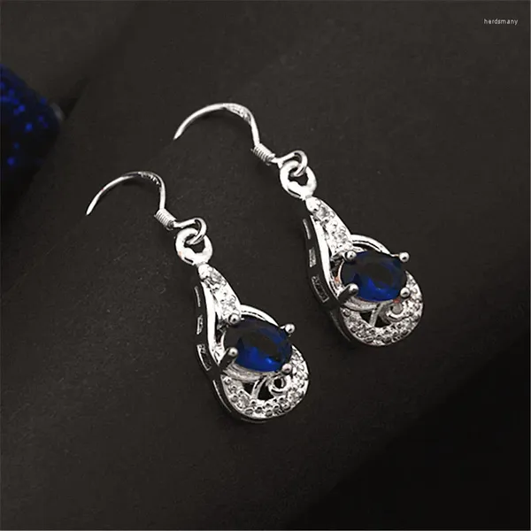 Pendientes colgantes Retro clásico ovalado cuatro garra pendiente de cristal chica elegante incrustación con circón azul encantadora joyería de cóctel para mujer