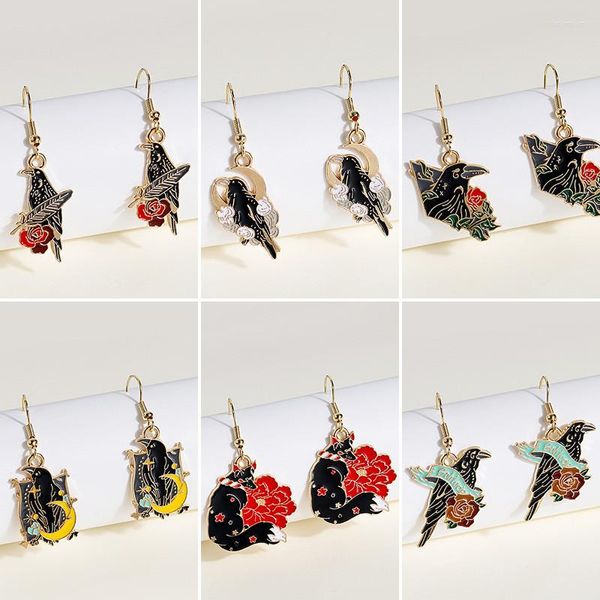 Boucles d'oreilles pendantes rétro corbeau Rose lune pendentif mode Vintage Design oiseau breloques oreille bijoux fête cadeaux pour femmes filles