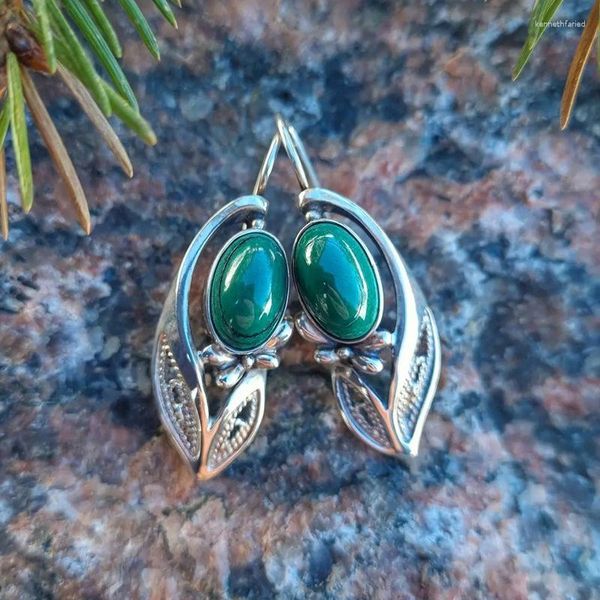 Pendientes colgantes Retro étnico verde oscuro piedra ovalada joyería gitana hoja flor Metal declaración para mujer Oorbellen regalo