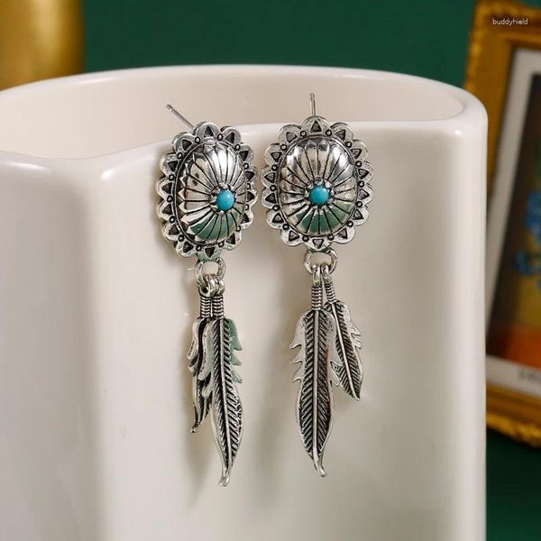 Pendientes colgantes étnicos Retro tallado a mano para mujer, turquesa con incrustaciones, joyería larga de doble pluma para mujer, venta al por mayor