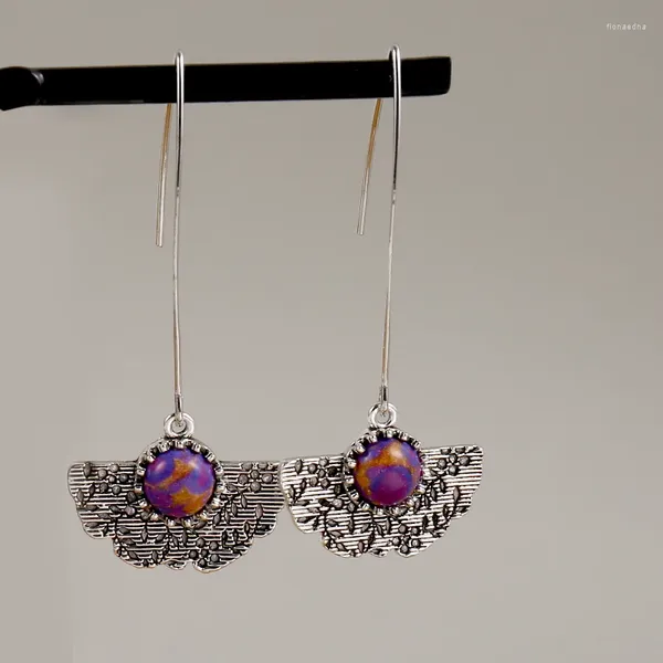 Pendientes colgantes retro en forma de abanico hecho a mano con estampado de hojas con incrustaciones de turquesa para mujer