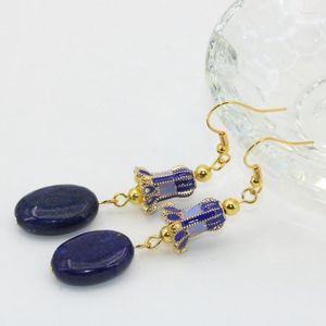 Dangle Oorbellen Retro Mode Lange Lapis Lazuli Goud-kleur Cloisonne Luxe Drop Earring Voor Vrouwen Hoogwaardige Sieraden B2637