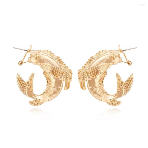 Boucles d'oreilles pendantes rétro couleur or en forme de poisson, bijoux en alliage gaufré tridimensionnel pour femmes