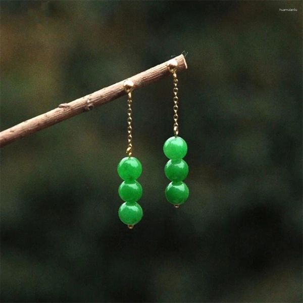 Boucles d'oreilles pendantes rétro pour femmes, perles de Jade vert émeraude, goutte d'eau, chaîne tendance, talon suspendu, Vintage, cadeau pour fille, bijoux