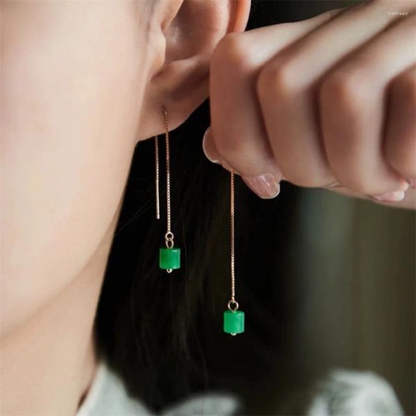 Pendientes colgantes Retro Jade verde gota cilíndrica pendiente larga de línea de oreja para mujer cadena Natural colgante joyería de piedra regalo para niña