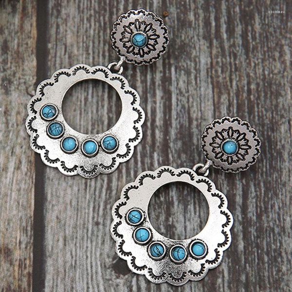 Boucles d'oreilles pendantes Retro Gypsy Hollow Round Flower Metal Tribal Beaded Jewelry Blues Stone Sculpted Daisy