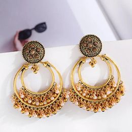 Boucles d'oreilles pendantes rétro gitane pour femmes, couleur or, grand rond, perles ethniques Jhumka, pompon pendant pour dames, bijoux à la mode