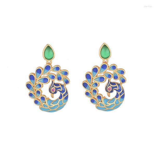 Boucles d'oreilles pendantes rétro Han vêtements chinois Cheongsam ornement peint émail paon calcédoine naturelle Ma