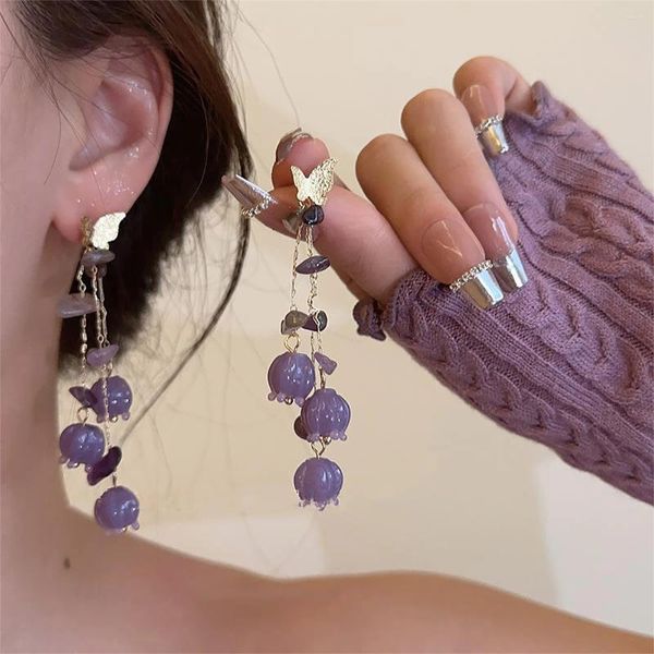 Boucles d'oreilles en peluche Retro Lily of the Valley Silver Color for Women Butterfly Tassel Fashion Light Luxury Bijoux