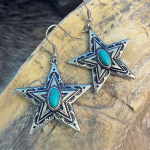Pendientes colgantes de metal retro oval de resina azul estrella de pentagrama para mujeres accesorios de joyería bohemia regalos