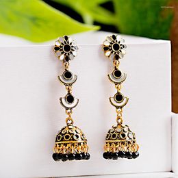 Boucles d'oreilles pendantes rétro fleur rouge Bollywood Kundan Jhumka pour femmes perles ethniques gland cloche gitane bijoux de mode