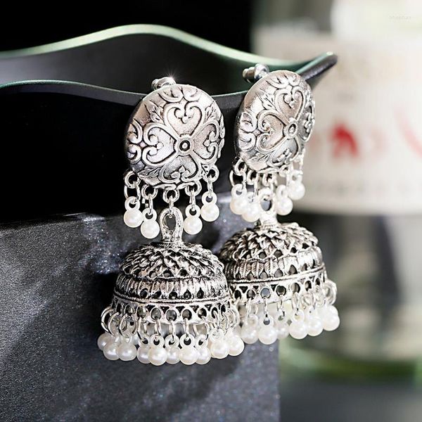 Boucles d'oreilles pendantes rétro couleur argent Bollywood Jhumka pour femmes ethnique cloche perle gland boucle d'oreille bijoux gitane