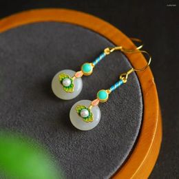 Pendientes Colgantes Estilo Retro Diseño De Nube Auspicioso S925 Plata De Ley Dorada Azul Quemado Con Incrustaciones De Jade Hetiano Natural Hebilla De La Paz Gota Para El Oído