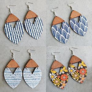 Dangle Oorbellen Retro Vintage Cut Bruin Houten Driehoek Print Bloemen Blauw Blad Pijl Geometrische Verklaring Voor Vrouwen Sieraden Geschenken