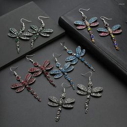 Boucles d'oreilles rétro pour femmes, strass incrustés de libellule, pompon en forme de libellule, Long crochet à breloque, bijoux pour accessoires pour femmes