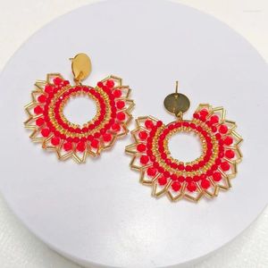 Boucles d'oreilles pendantes en perles de riz, cercle de tournesol, originalité, tricot à la main, cristal bohémien rouge, alliage de mode Simple perlé