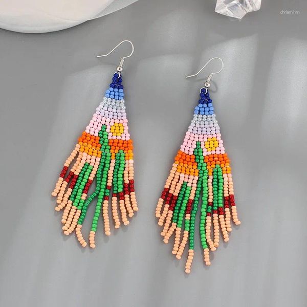 Pendientes colgantes de arroz tejido con cuentas a mano cactus patrón de moda bohemia geometry aley ma'am tassel